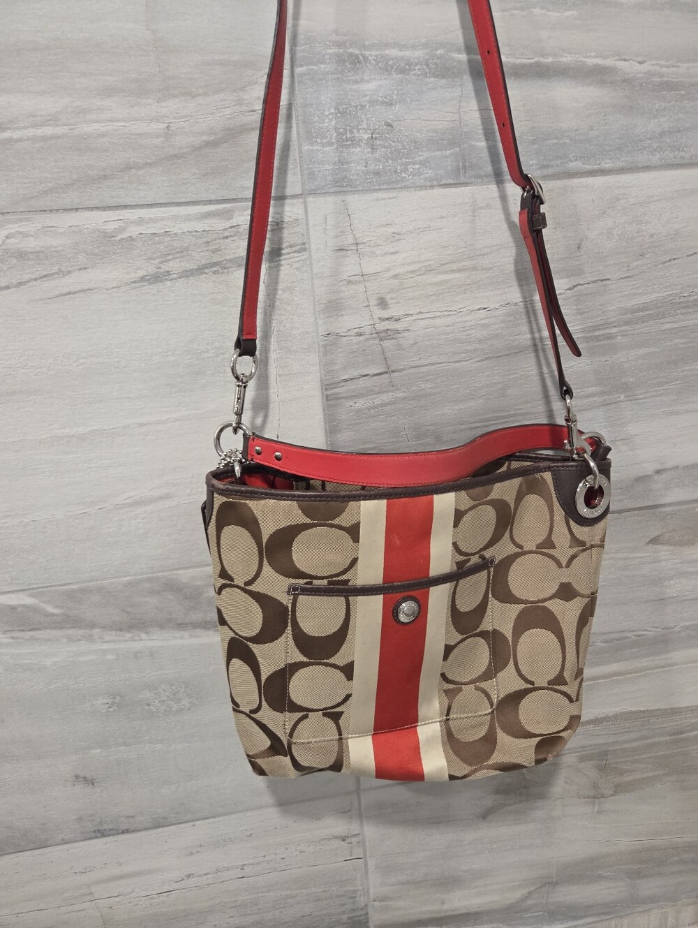 Coach Signature Stripe Crossbody Purse Brown & Khaki Canvas Leather Trim